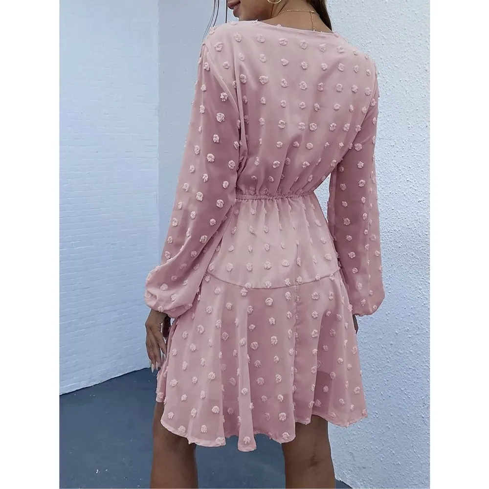 KIRUNDO Dress Long Sleeves V Neck Flowy Mini Dress Swiss dot Chiffon S Pink - Image 2