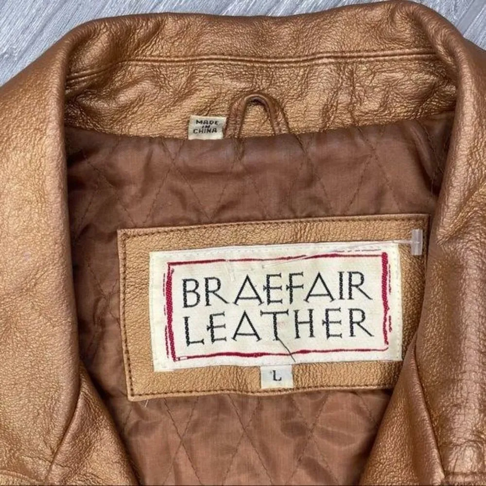 Vintage braefair leather metallic gold genuine leather button front jacket LG - Image 6