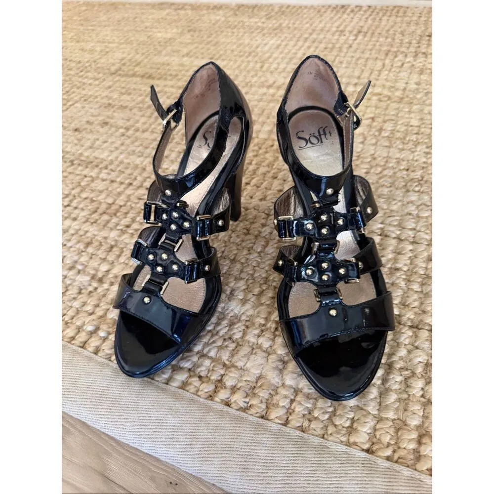 Sofft Black Patent Leather Strappy Platform Sandals Heels Womens 7M Black Size 7 - Image 2