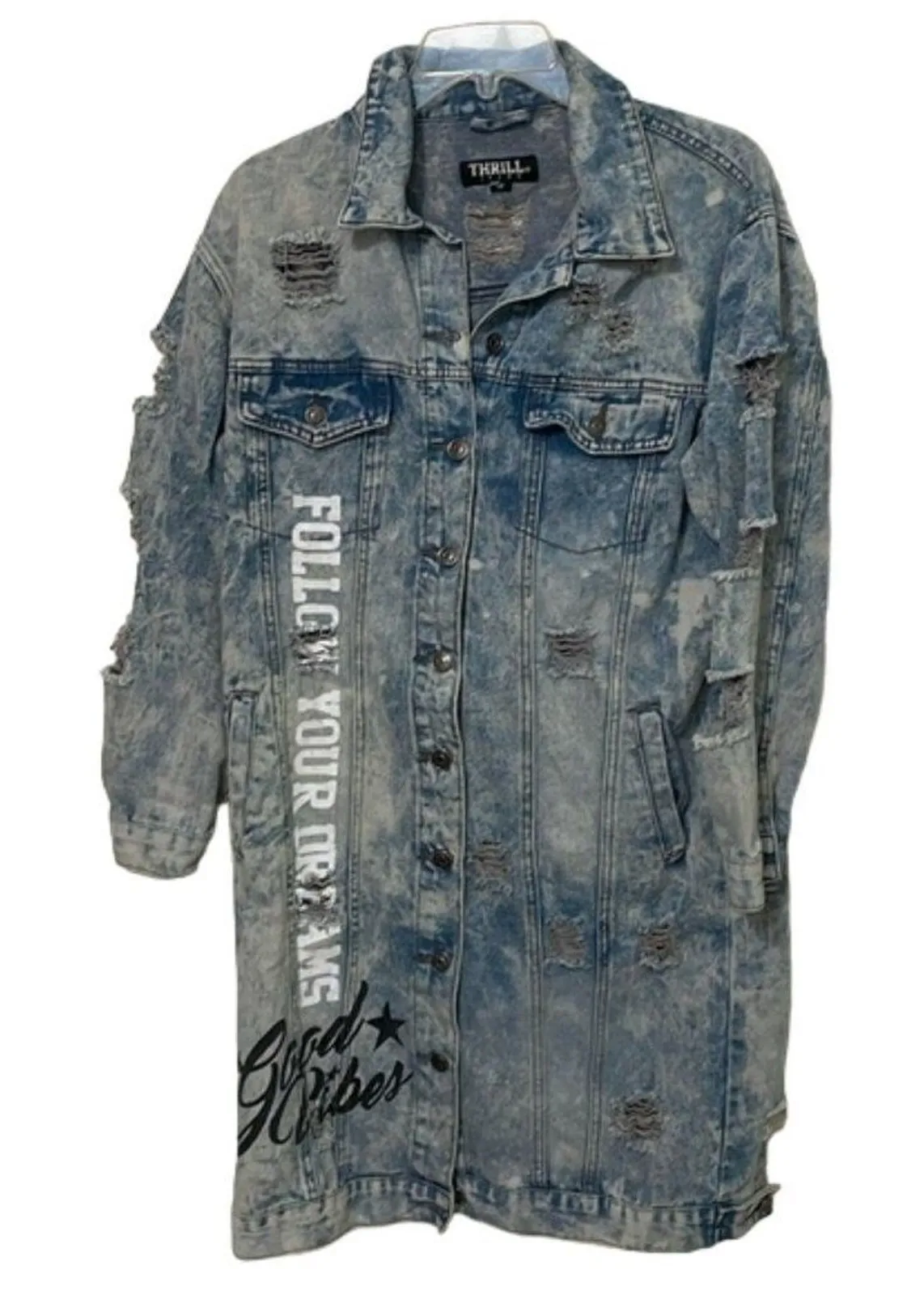 Thrill Acid Wash Long Duster Jean Jacket Womens Medium Graphic Print Distressed Blue - Image 1