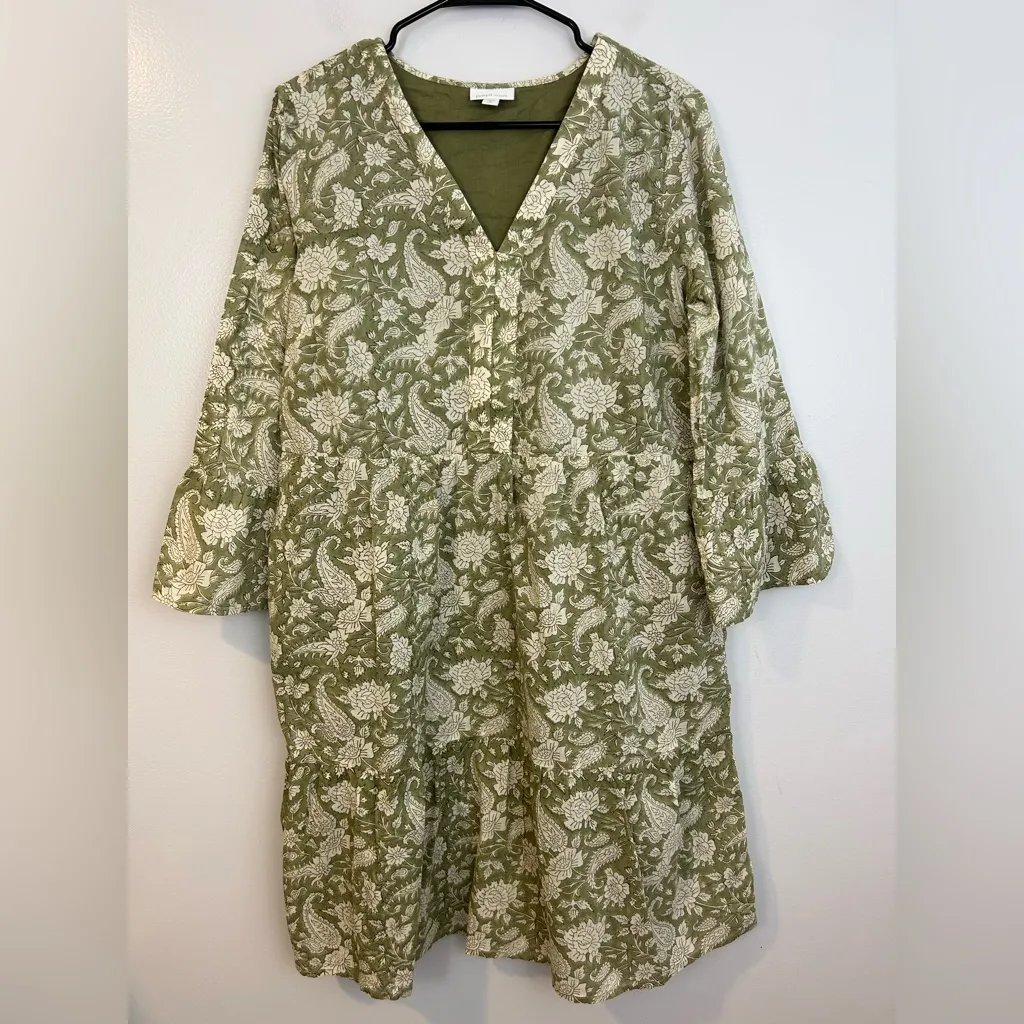J.Jill Lightweight Sage Green Floral/Paisley Tiered 100% Cotton Dress Medium - Image 3