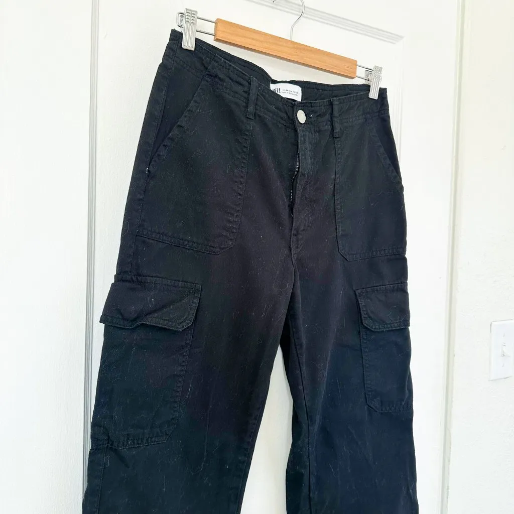 Zara | TRF Straight Cargo Wide Leg Pants Jeans in Black Size‎ 6 - Image 6