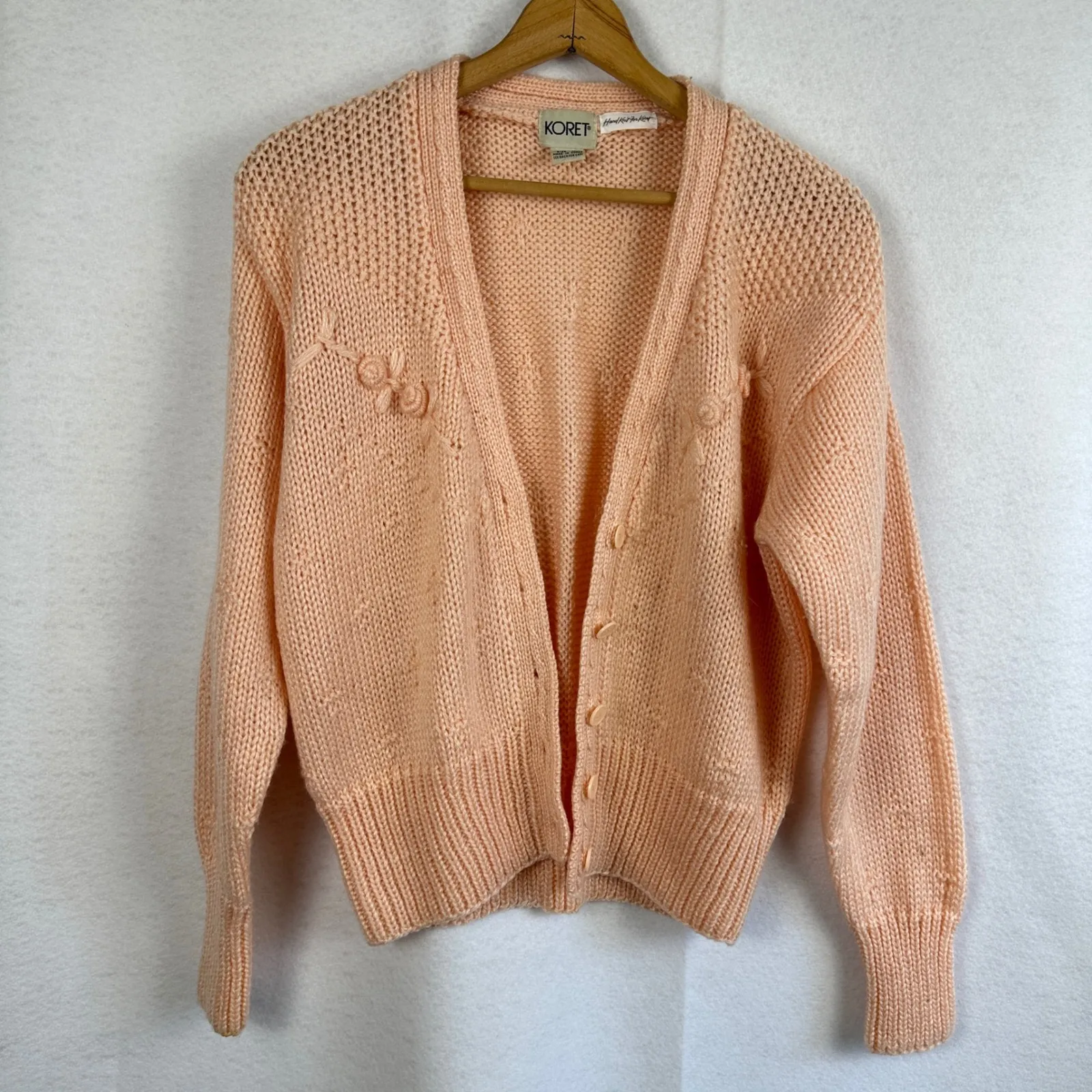 Vintage Koret‎ Hand Knit Cardigan Sweater Peach Floral Applique Wool Women Large Pink - Image 5
