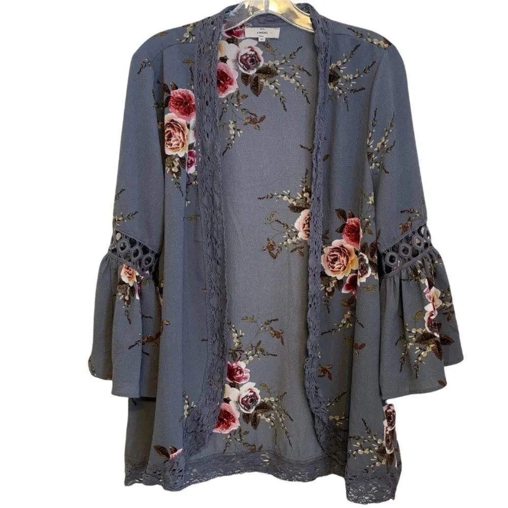 NWT entro grey kimono bell sleeve grey floral cardigan L - Image 5
