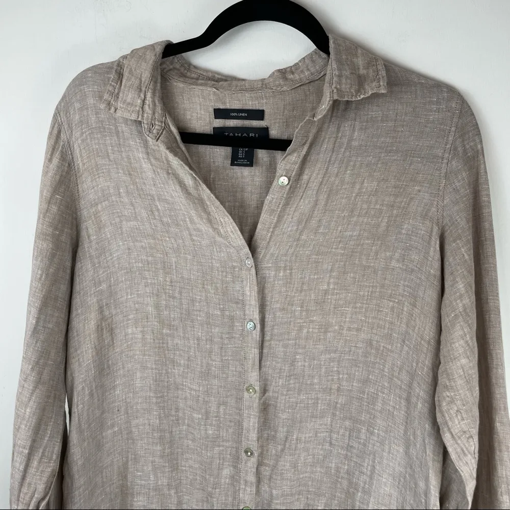 Tahari 100% Linen Tunic Button Down Top Sz Small Beige Tan Lagenlook Side Slits - Image 3