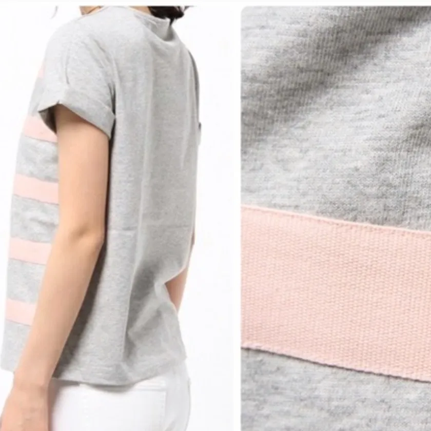 Kate Spade Saturday Gray Short Sleeve Top Pink Grosgrain ribbon stripe tee XS - Image 4