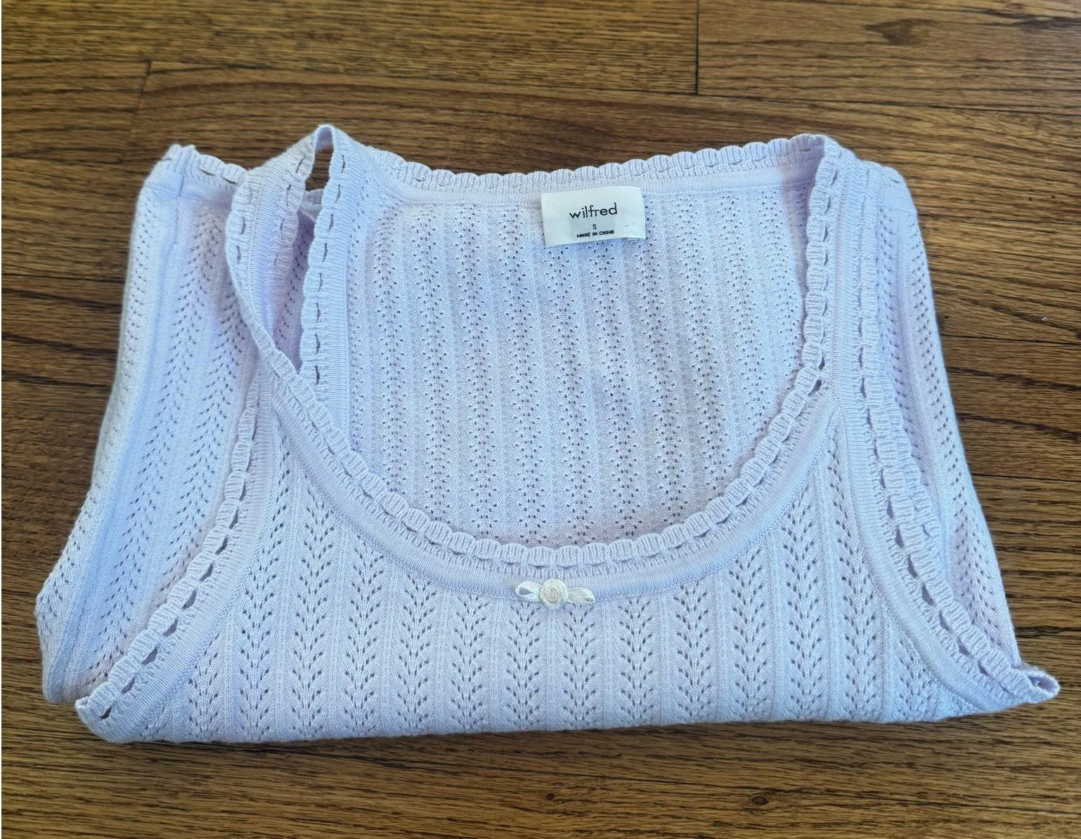 Aritzia Wilfred Pale Purple Mini Dress in Pointlette Stitching with a White Rose Bow Size Small - Image 5