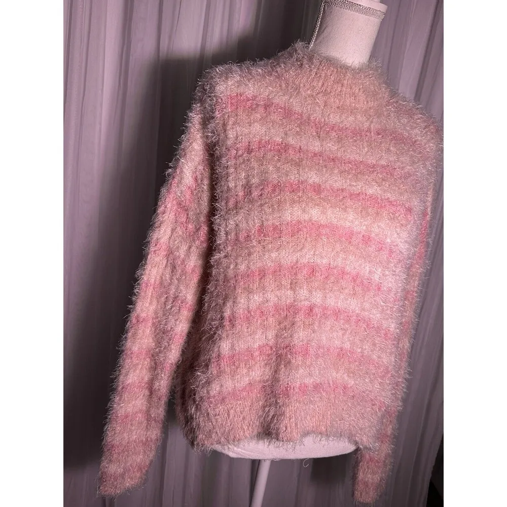 Candie's XL Sweater Pink Striped Ribbed Eyelash Fuzzy Soft Coquette Cottage - Image 2