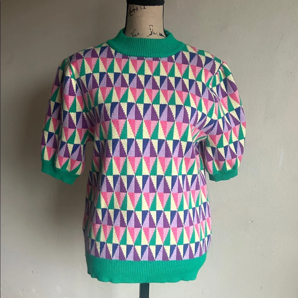 THML Argyle Puff Short Sleeve Sweater Size Medium - Image 9