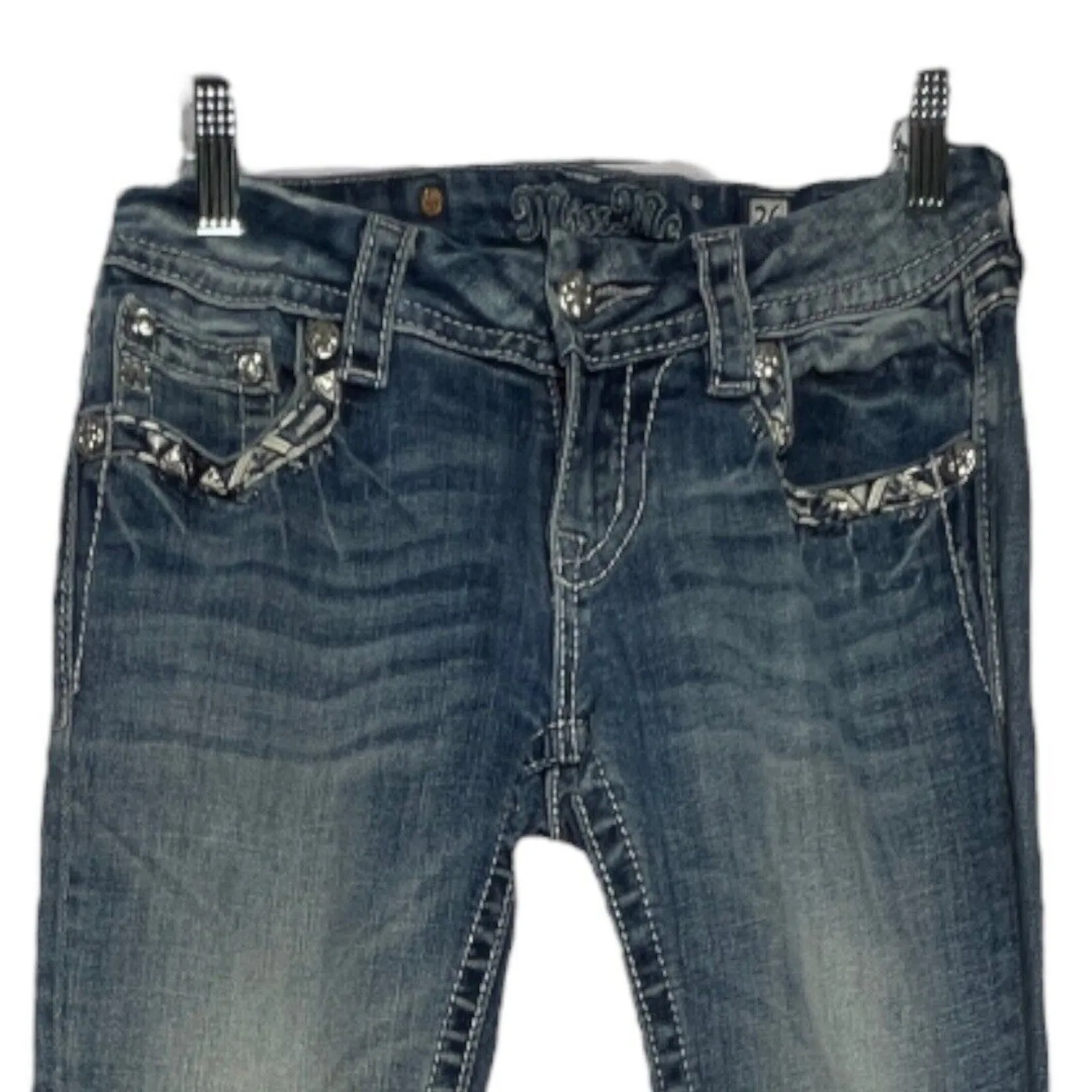 Miss Me Jeans Womens 2 26" Blue Signature Straight Light Wash Fading Embellished - Image 3