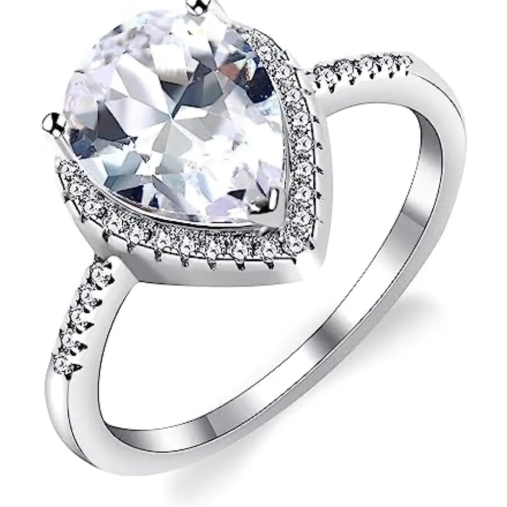 NEW‎ 3ct Rhodium Silver Pear Halo Teardrop Engagement Ring, Size 8 - Image 2