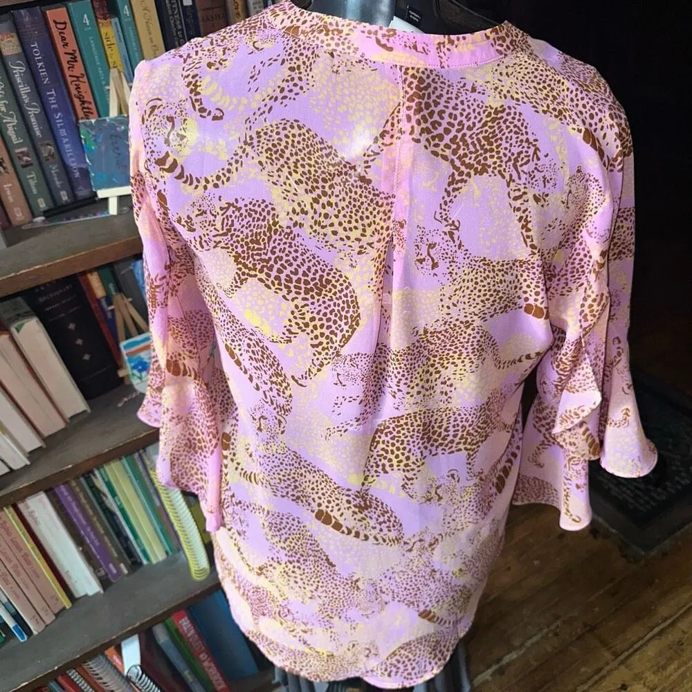 CAbi linx semi sheer bell sleeve cheetah lightweight blouse - Image 4