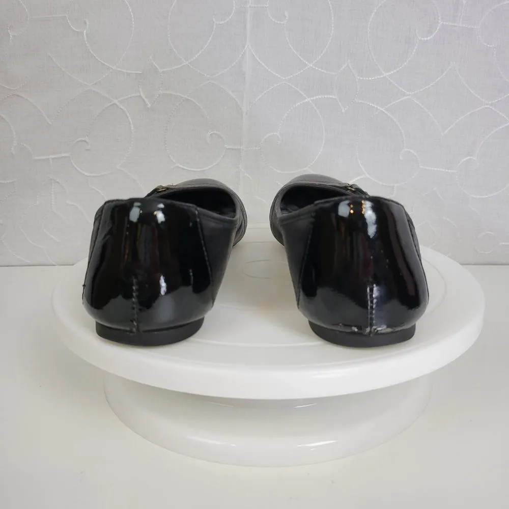 BOC Womens Shoes Size 8.5 Black Patent Leather Brown Trim Round Toe Slip On Flat - Image 6