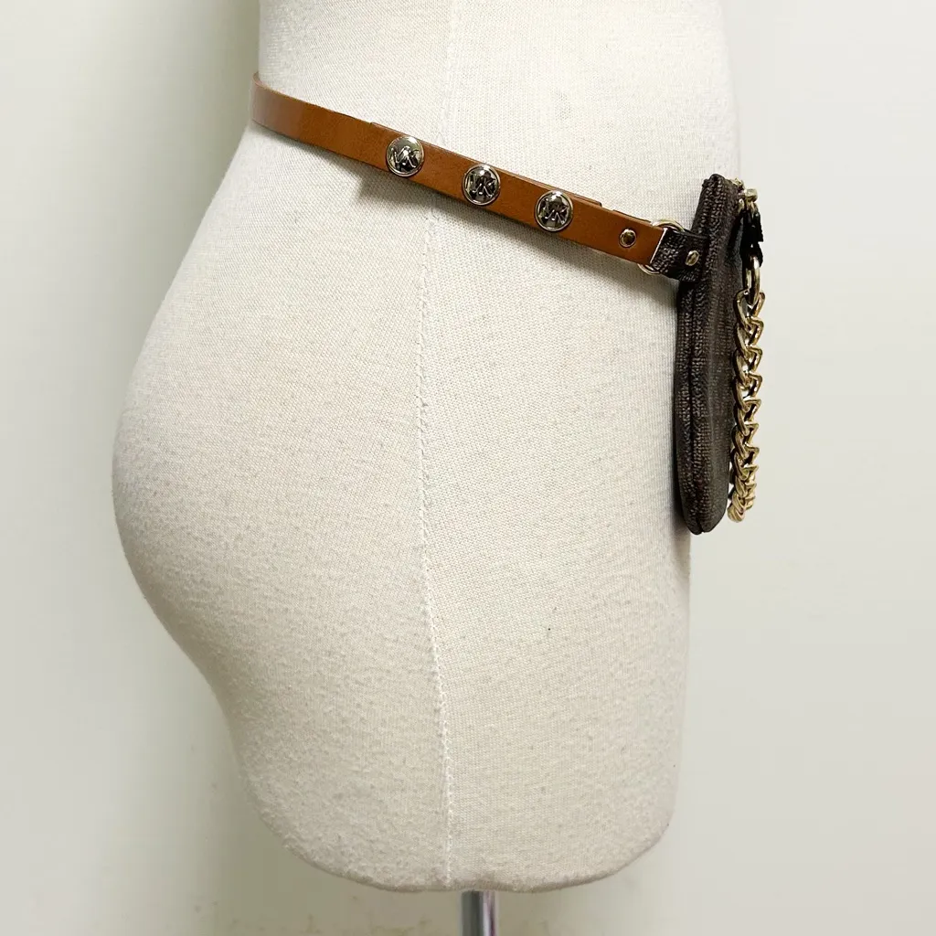 Michael Kors Brown Signature Monogram Chain Zipper Faux Leather Belt Bag Medium - Image 5