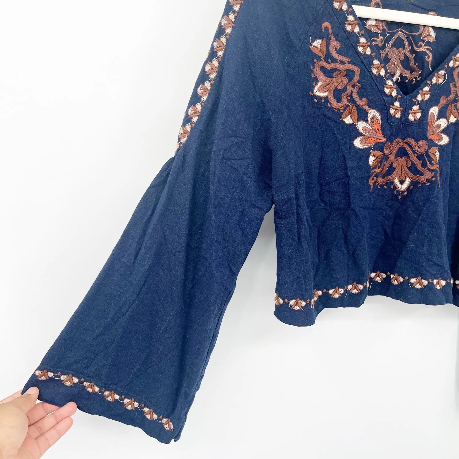 Linjia Shop Womens Boho Embroidered Flare Long‎ Sleeve Cropped Top Size L Navy Blue Size L - Image 3