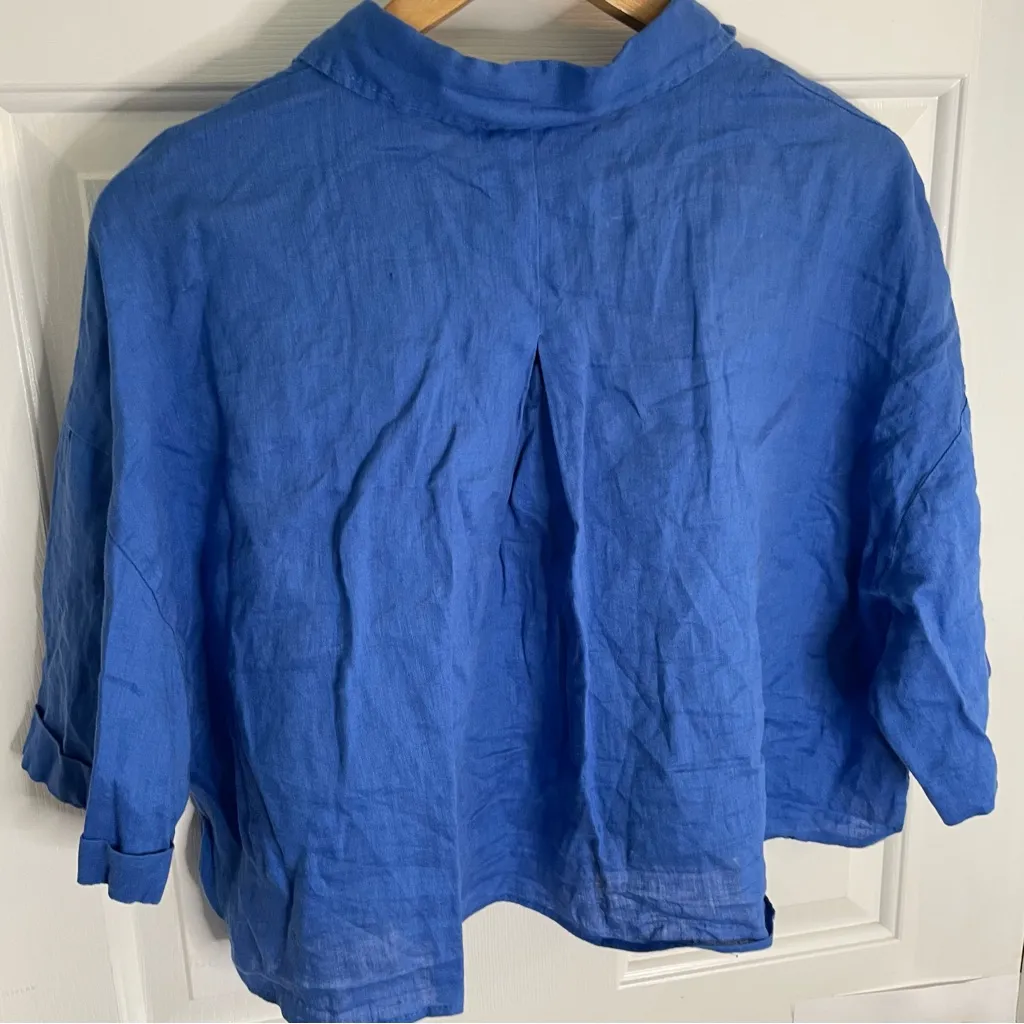 H&M Royal Blue 100% Linen Button Down Crop Shirt Size Medium oversized - Image 6