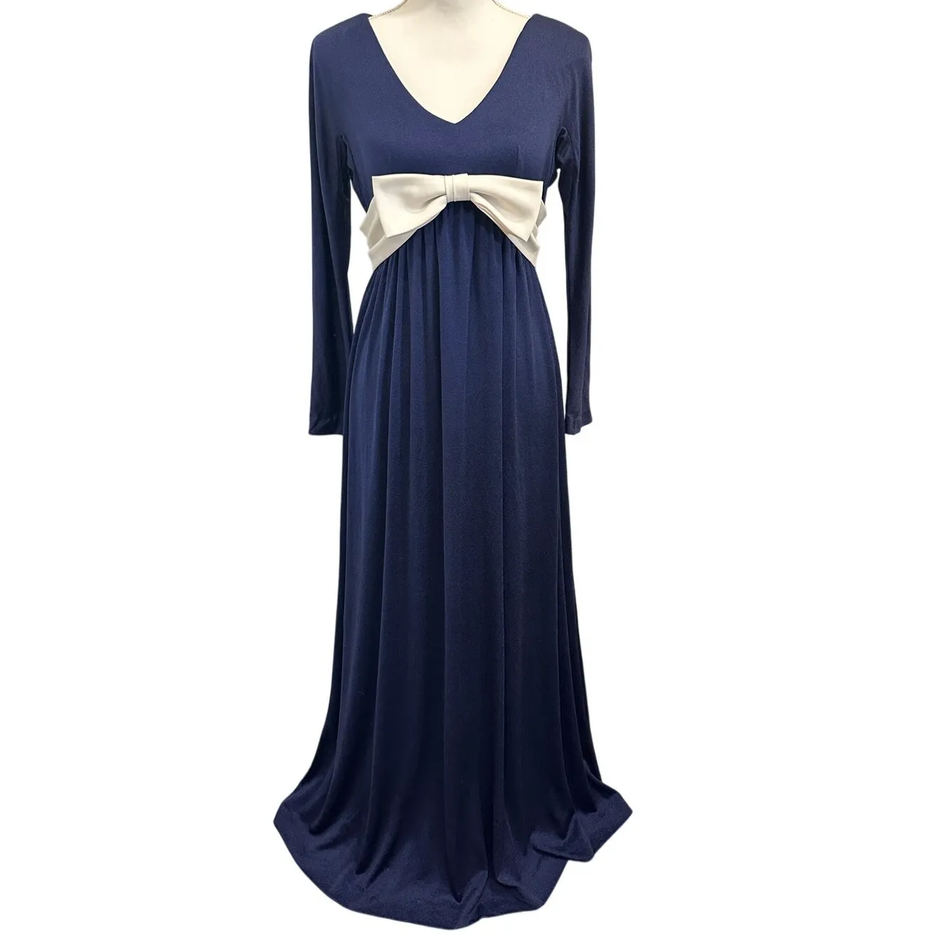 VTG 70s Blue Bucolic Maxi Dress Bow Accent Boho Hippie Victorian Edwardian XS - Image 3