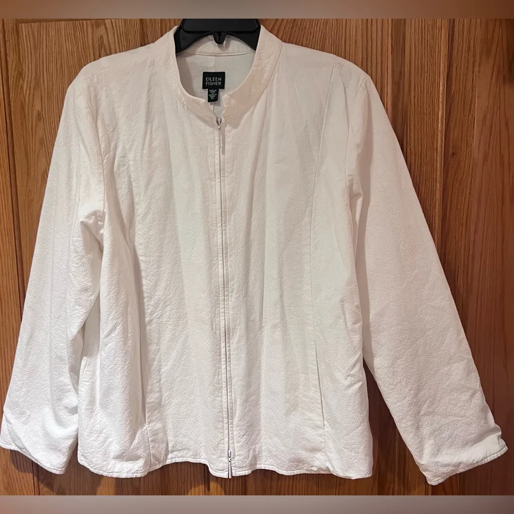 Eileen Fisher Full Zip Mandarin‎ Collar Textured Cotton Jacket in White Size XL - Image 5