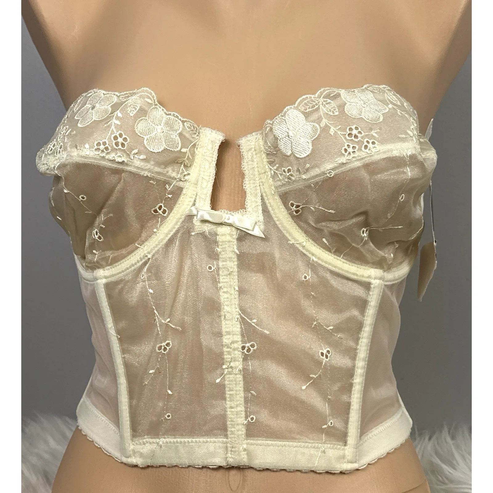 Vintage Lady Marlene Bustier Sheer See Through Ivory Bra Size 36D New NOS Boned - Image 3