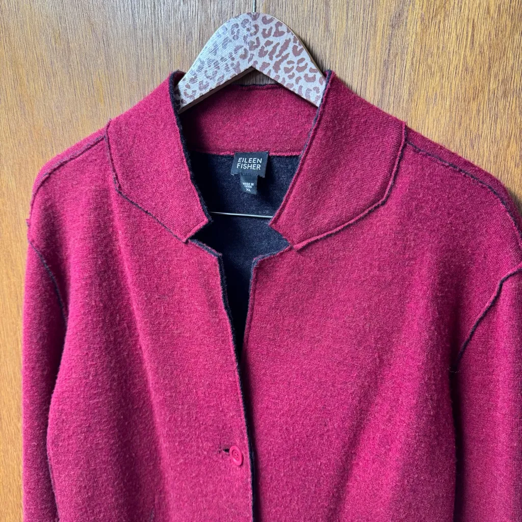 Eileen Fisher 100% Merino Wool Button Front Sweater Blazer Jacket Red XL - Image 4