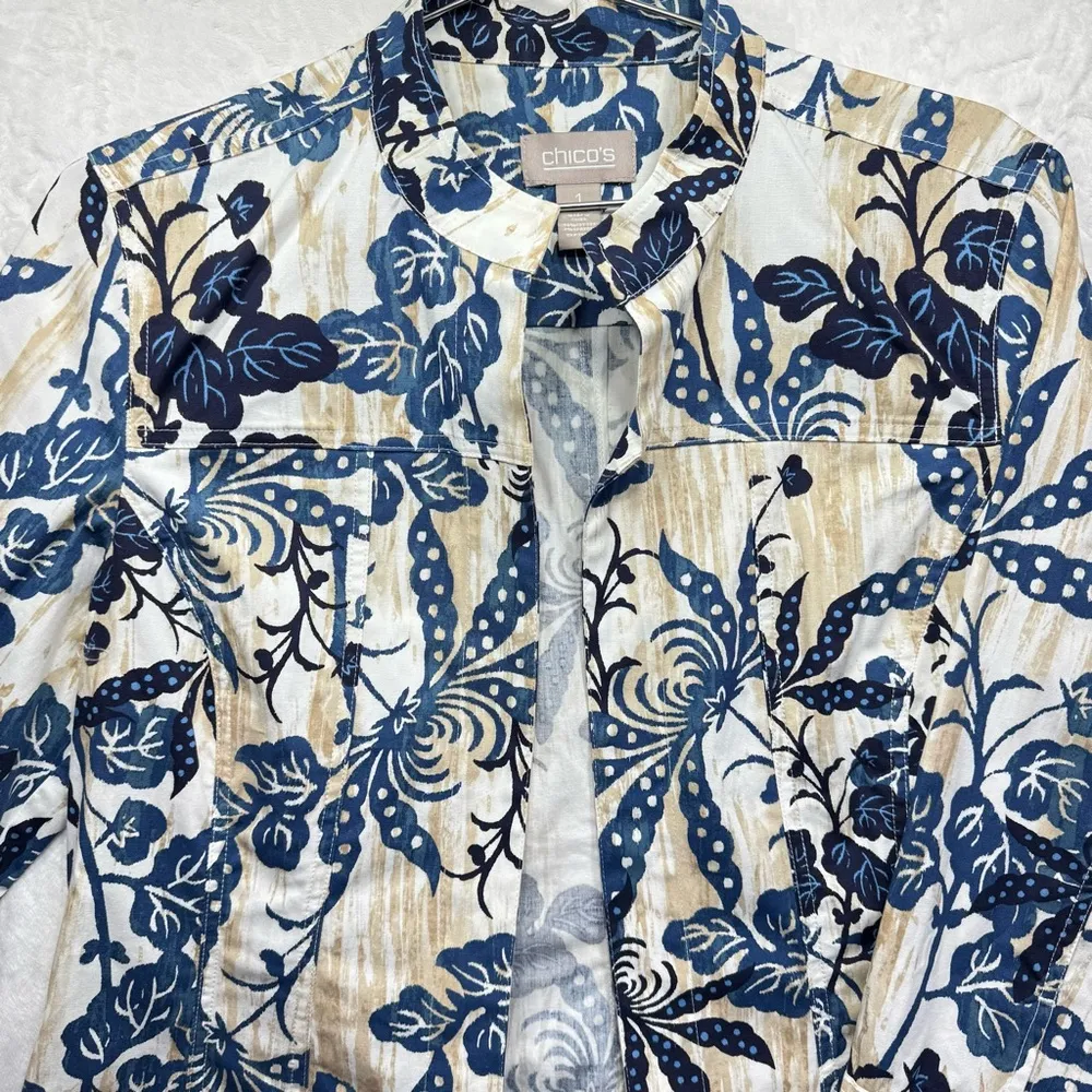 Chico’s Floral Leaf Print Open Front Lightweight Topper Jacket 3/4 Sleeve 1/M - Image 4
