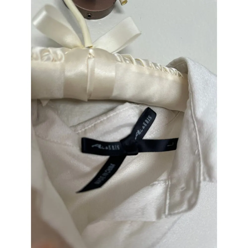 Vintage 90’s L White Button Down Satin Effect Tie Front Long Sleeve Shirt - Image 4