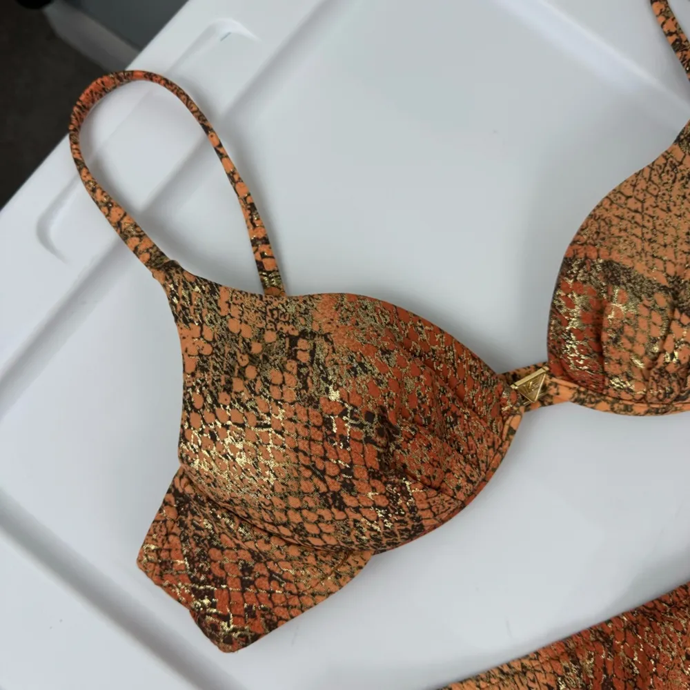 Vtg Venus Womens Orange Gold Metallic Snakeskin Bikini Set Sz A Cup Large - Image 7