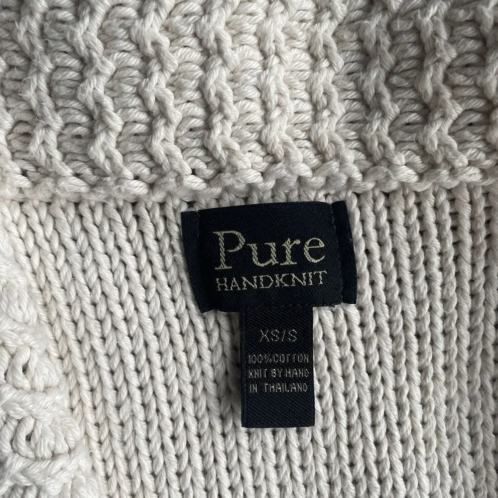 Pure Handknit Women's Cream Chunky Knit Cardigan Sweater Wooden Button‎ S Y2K Brown - Image 3