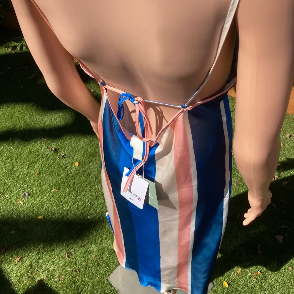 NWT Lemlem H&M Blue Beige Stripe Slip Satin Midi Dress Size L - Image 10