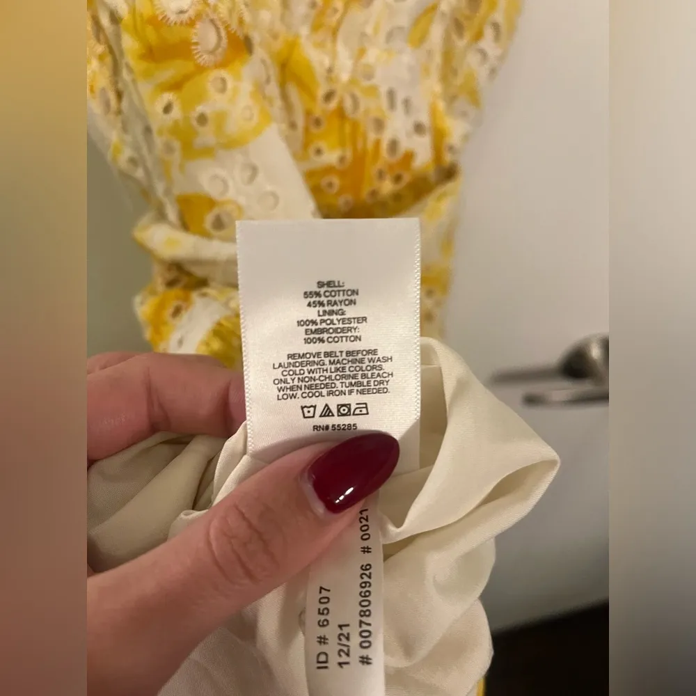 EXPRESS Printed Eyelet V-Neck Tie Waist Tiered Trapeze Dress - Image 7