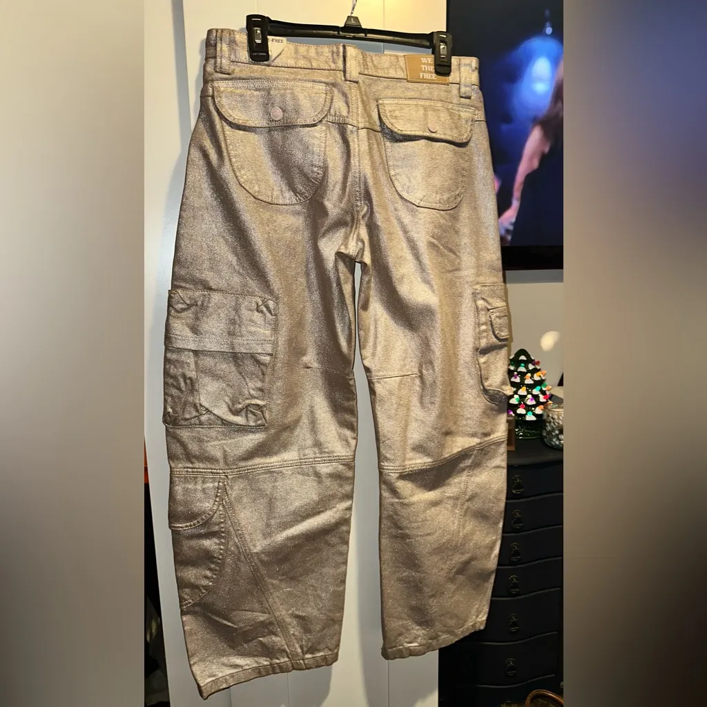 NWOT FREE PEOPLE We The Free Lap Of Luxury Metallic Cargo Pants In Foxy $228MSRP - Image 11