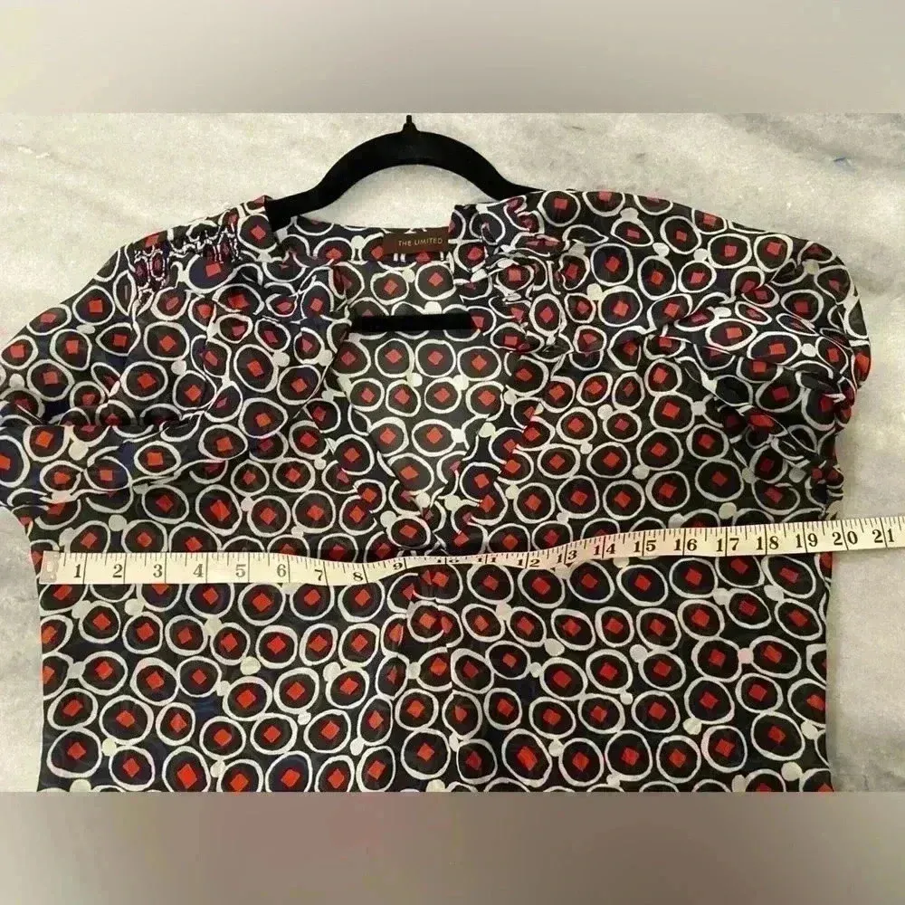 Limited Navy Blue Geometric Sheer V Neck Smock Collar 3/4 Sleeve Blouse Size M - Image 8