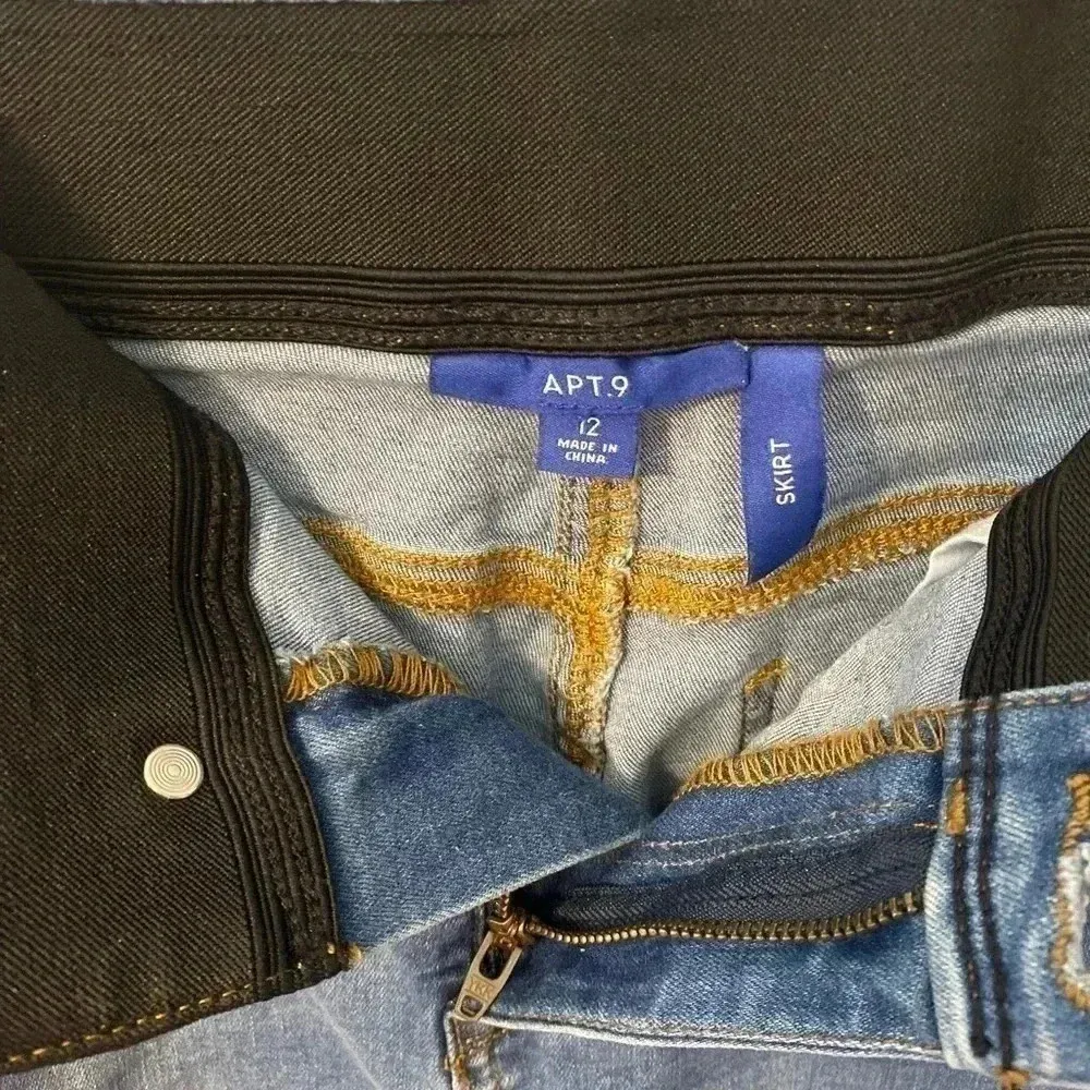 APT‎ 9 Denim Jean Pencil Skirt Pockets Slit Stretch Whiskered Blue Wash Sz 12 - Image 3
