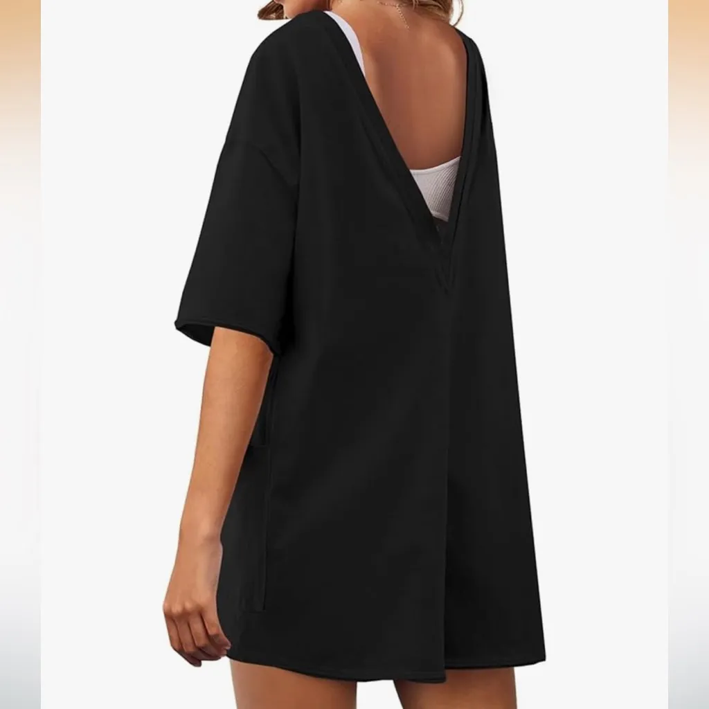 Oversized Hot Shot Tee Romper Casual Backless V Neck Jumpsuit w/Pockets black M - Image 2