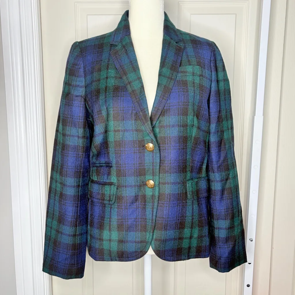 J.Crew wool preppy Plaid Women's Blazer Blue and Green schoolboy size 4 - Image 5