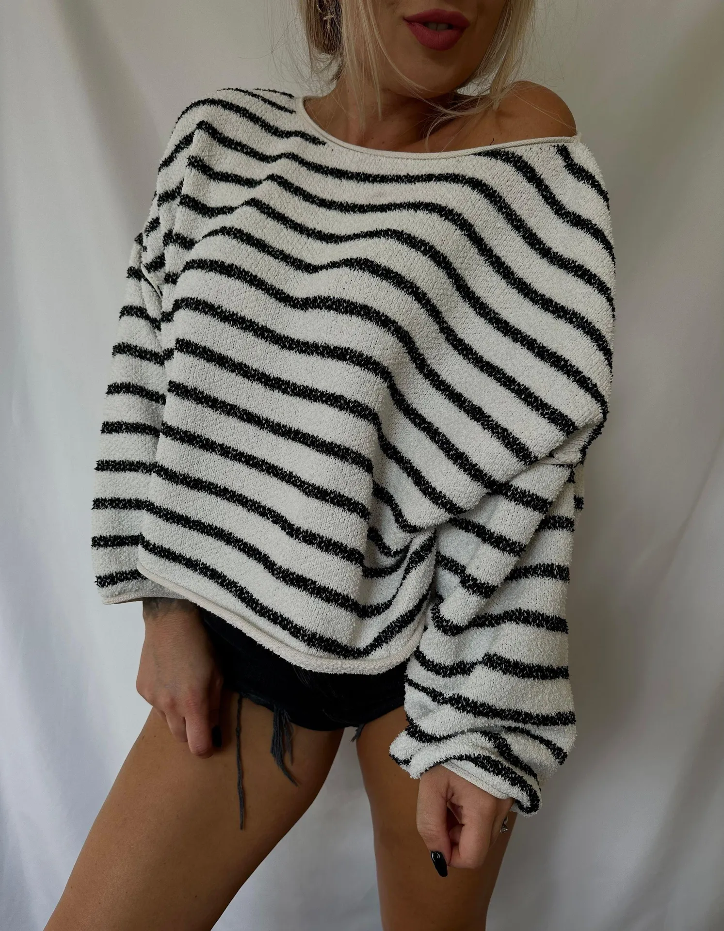 cotton striped wide sleeve sweater top cardigan boho Oversize - Image 2