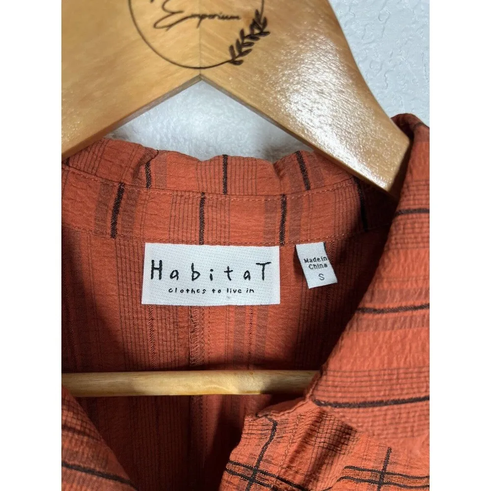Habitat Small S Plaid Tie Sleeve Button Front Top Burnt Orange Black - Image 2
