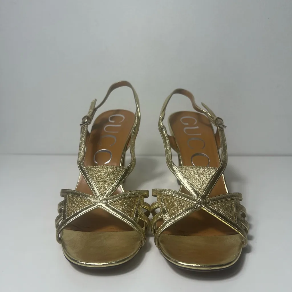 Gucci GG Gold Metallic Leather Cross Over Strap Slingback Sandals High Heels - Image 8