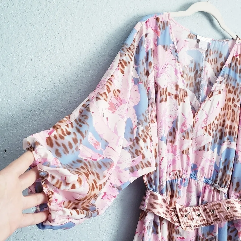 Venus Pink And Blue Floral Leopard Print Long Sleeve Belted Dress - Image 7
