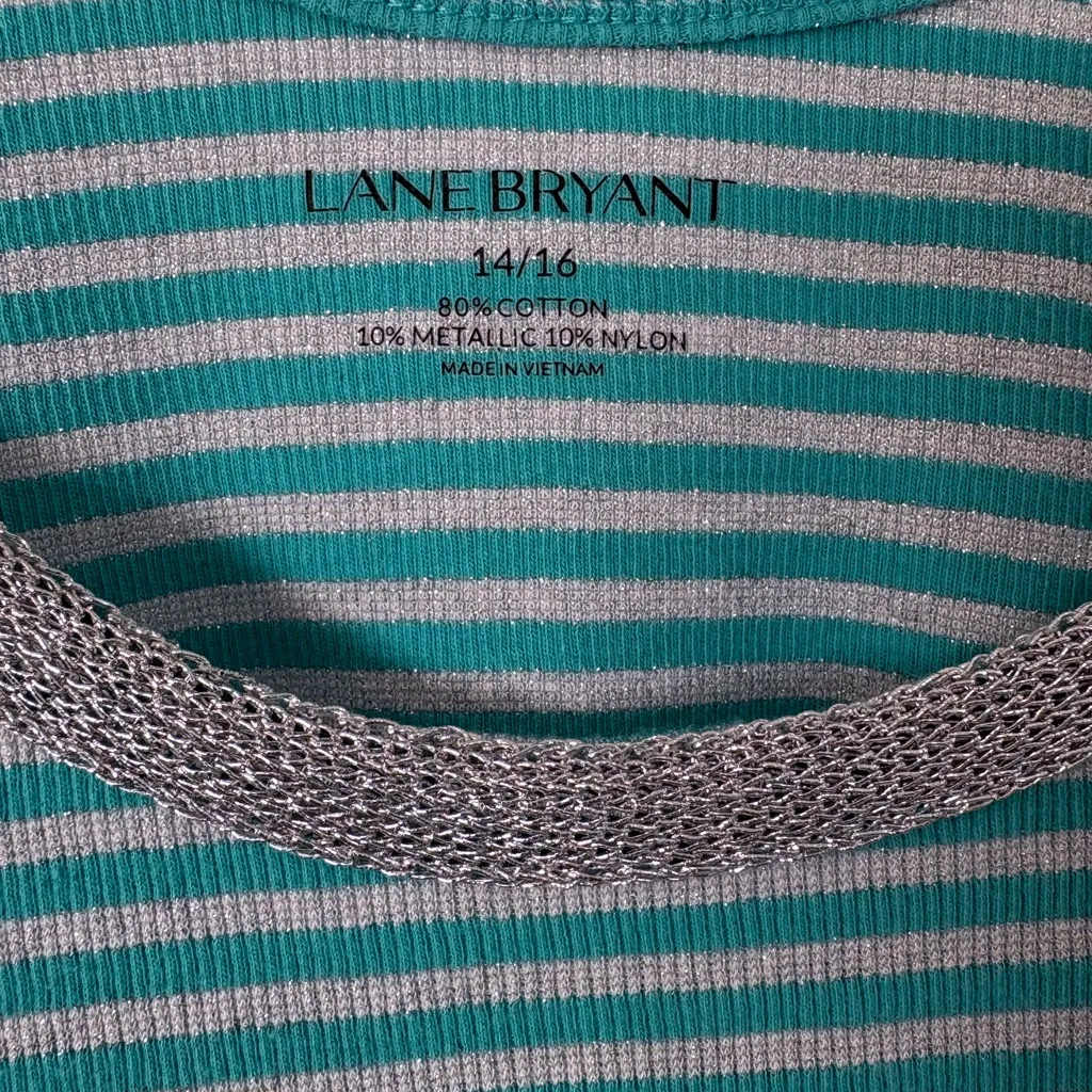 Lane Bryant Striped Ribbed Tank Top Glitter Scoop Neck Stretch Teal/Silver Glam - Image 6