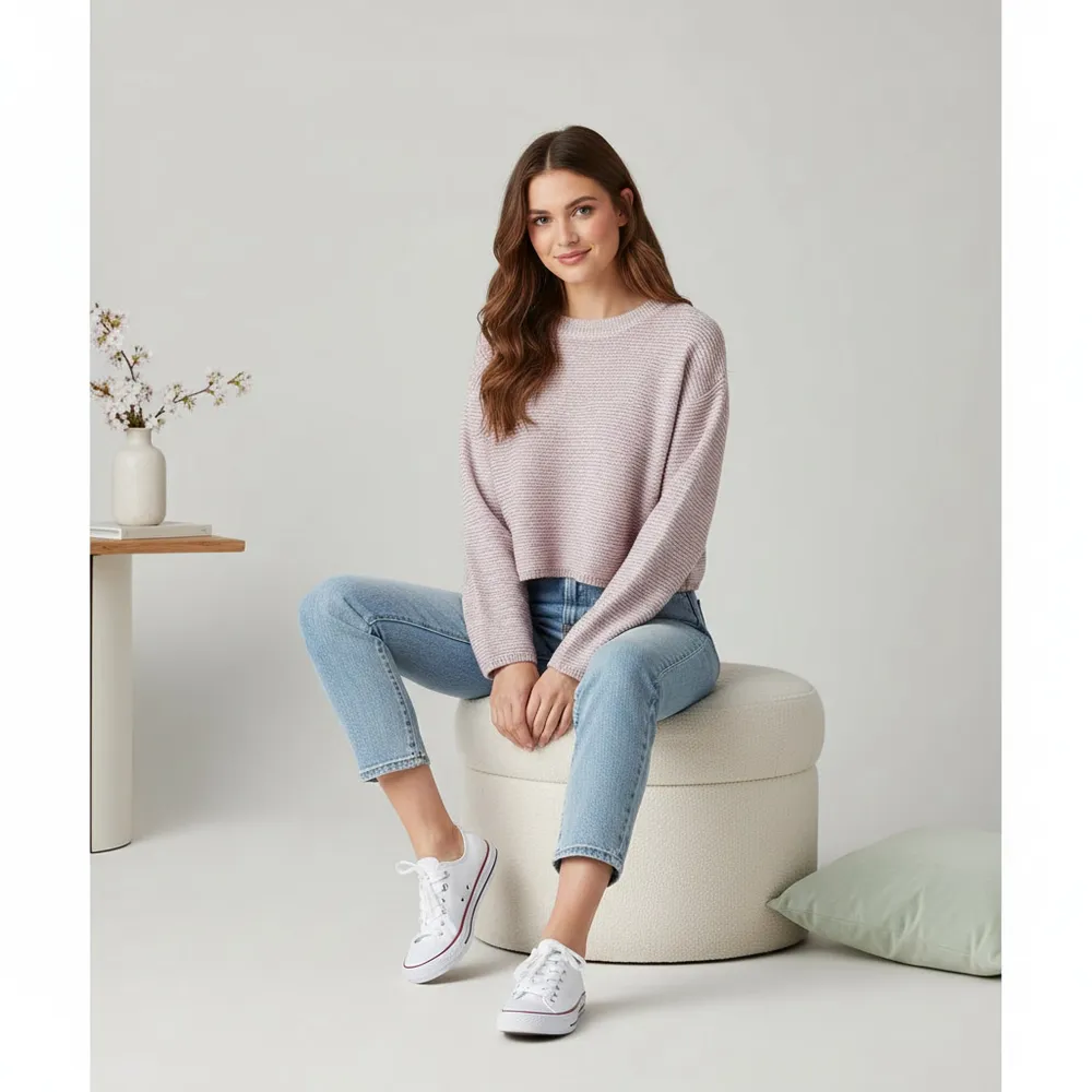 Cotton On Cropped Cotton Knit Sweater, Light Pink, Boho, Preppy, Sz M - Image 2