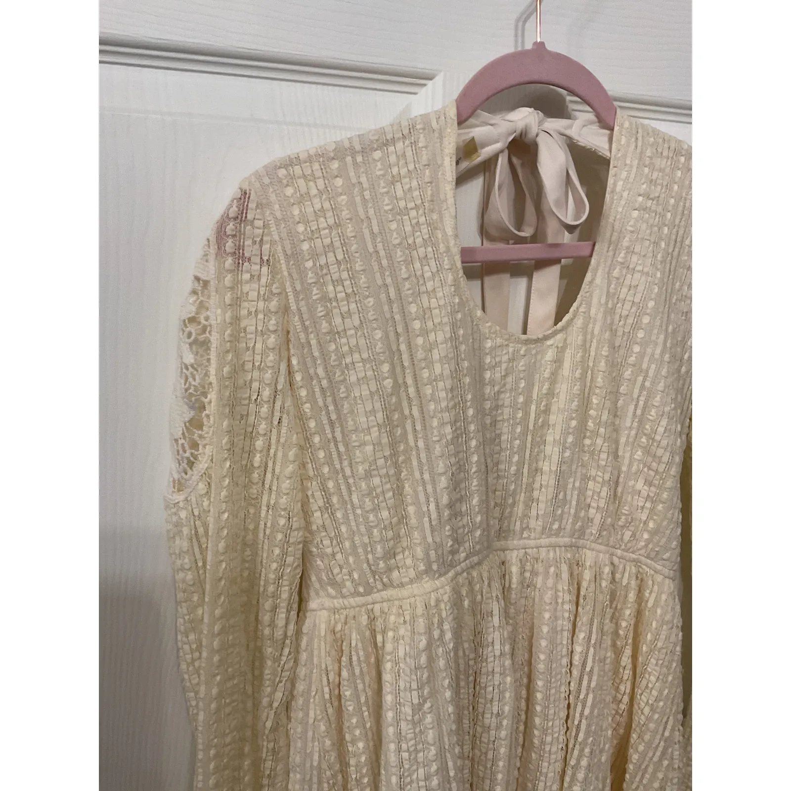 Altar’d State Cream Boho Embroidered Gauze Peasant Keyhole Tie Back Dress, M - Image 2