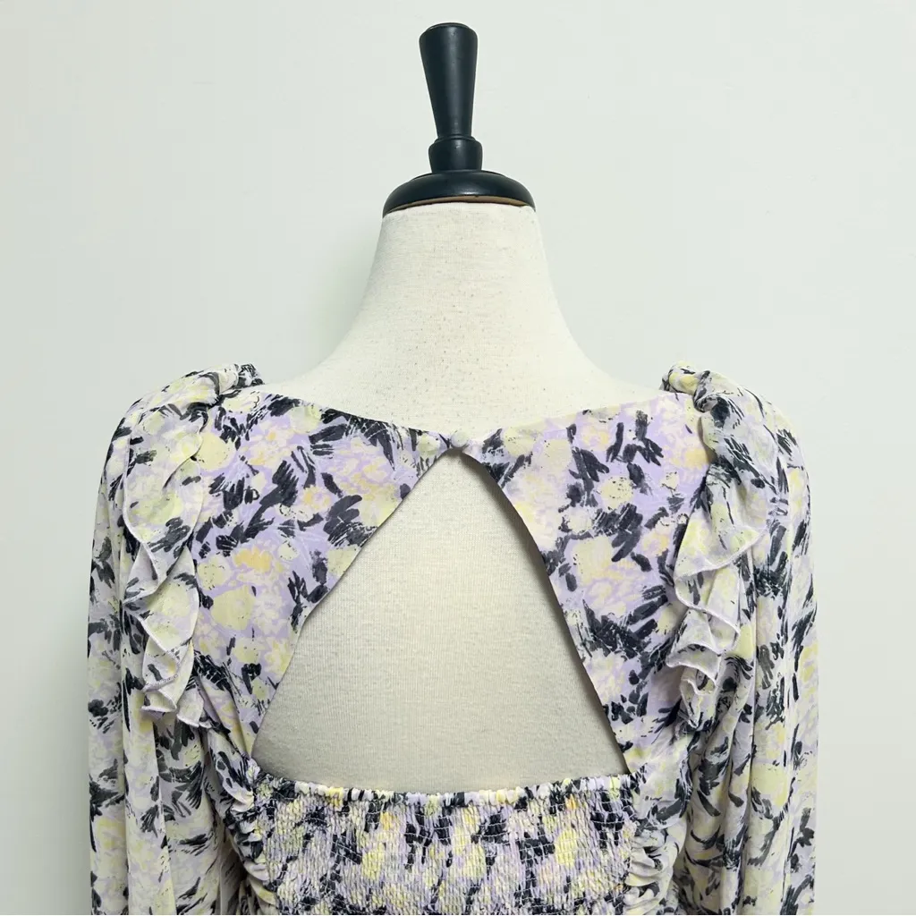 Free People Mabel Lilac Combo Purple Yellow Floral Sheer Puff Sleeve Top Large - Image 6