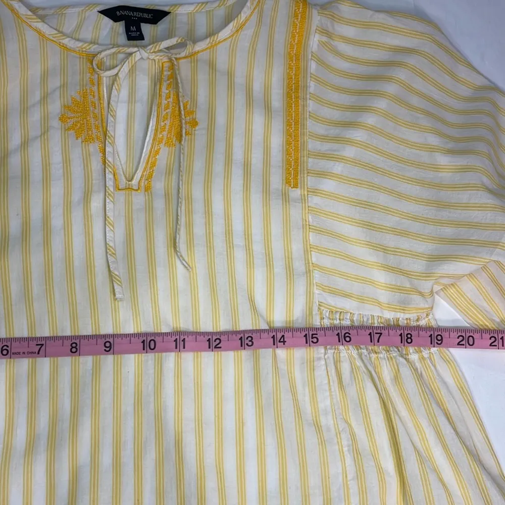 Boho embroidered striped neck tie closure tropical short sleeve cotton tunic - Image 5