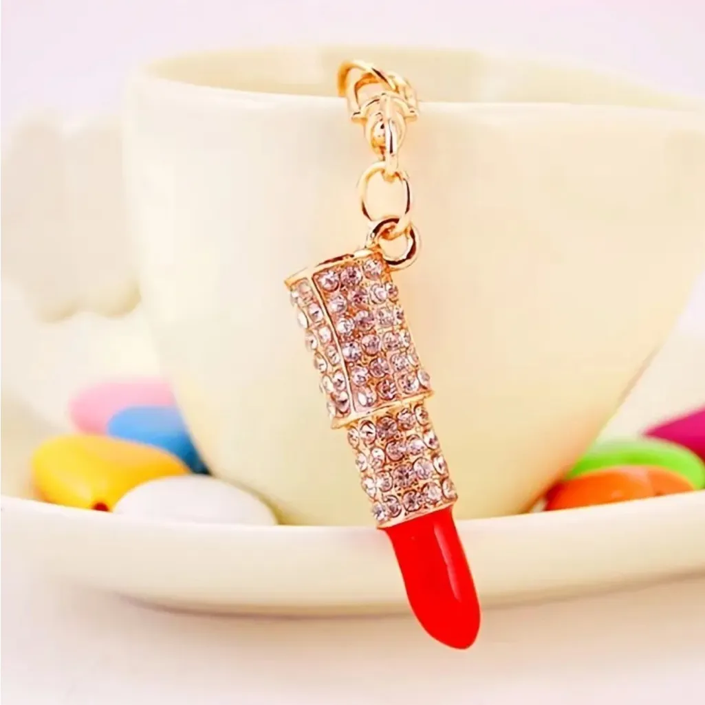 Red Rhinestone Lipstick Purse Charm Keychain – Gold Bling Bag Accessory – NWT - Image 2