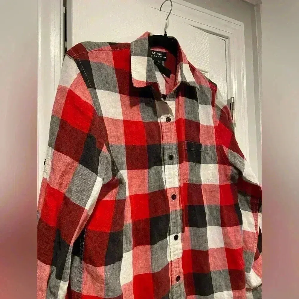 Lauren Ralph Lauren Black Red Plaid 100% Linen Button Down Long Sleeve Size M - Image 2