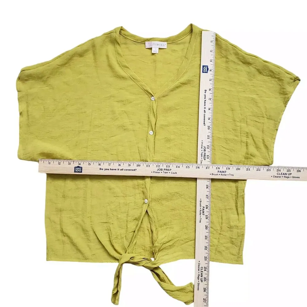 Timing Blouse Womens Large Yellow Wide Short Sleeve Button Down Tie Front Boho - Image 6