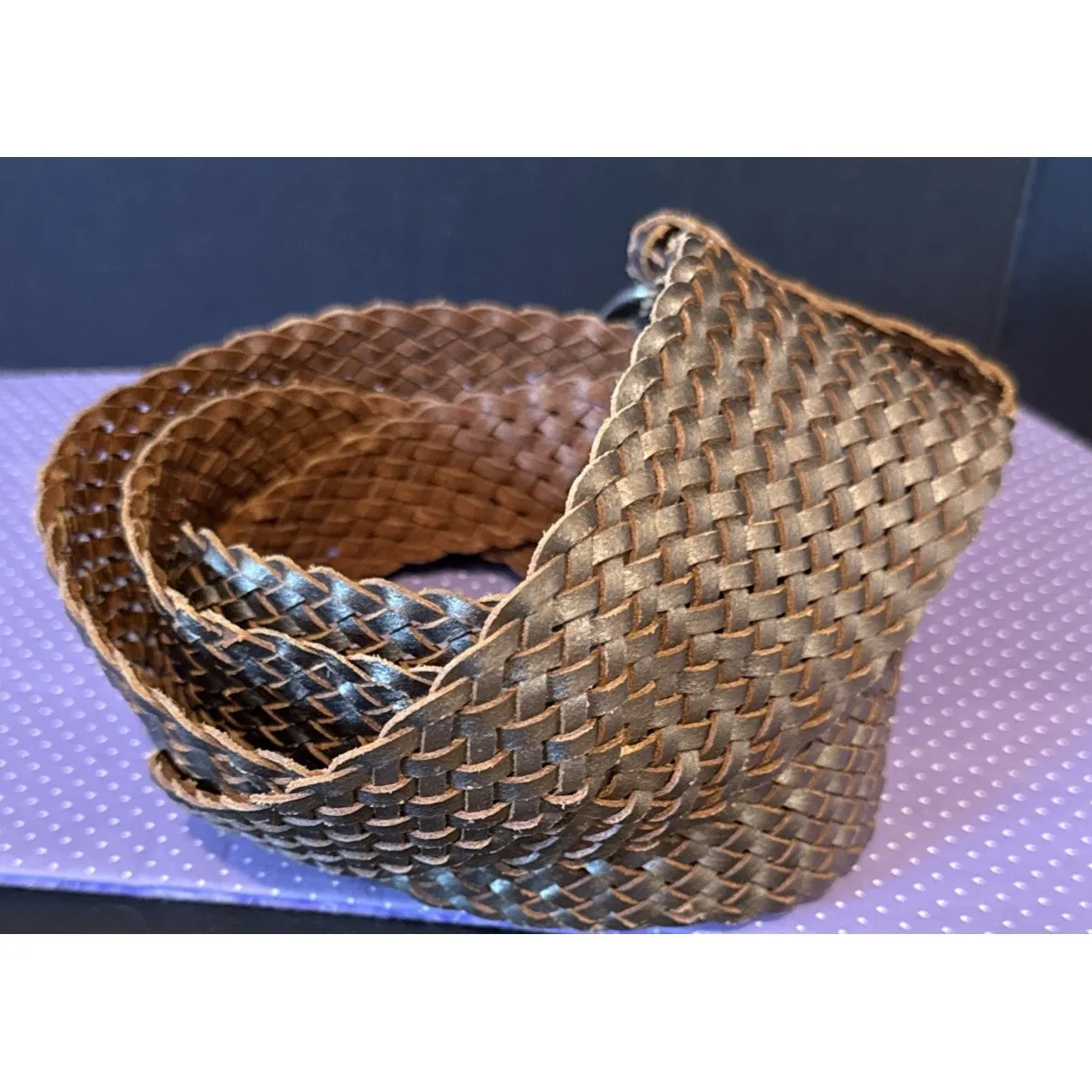 Fossil Womens Large Leather Belt Bronze Metallic Woven Braided Wide Twist Preppy - Image 2