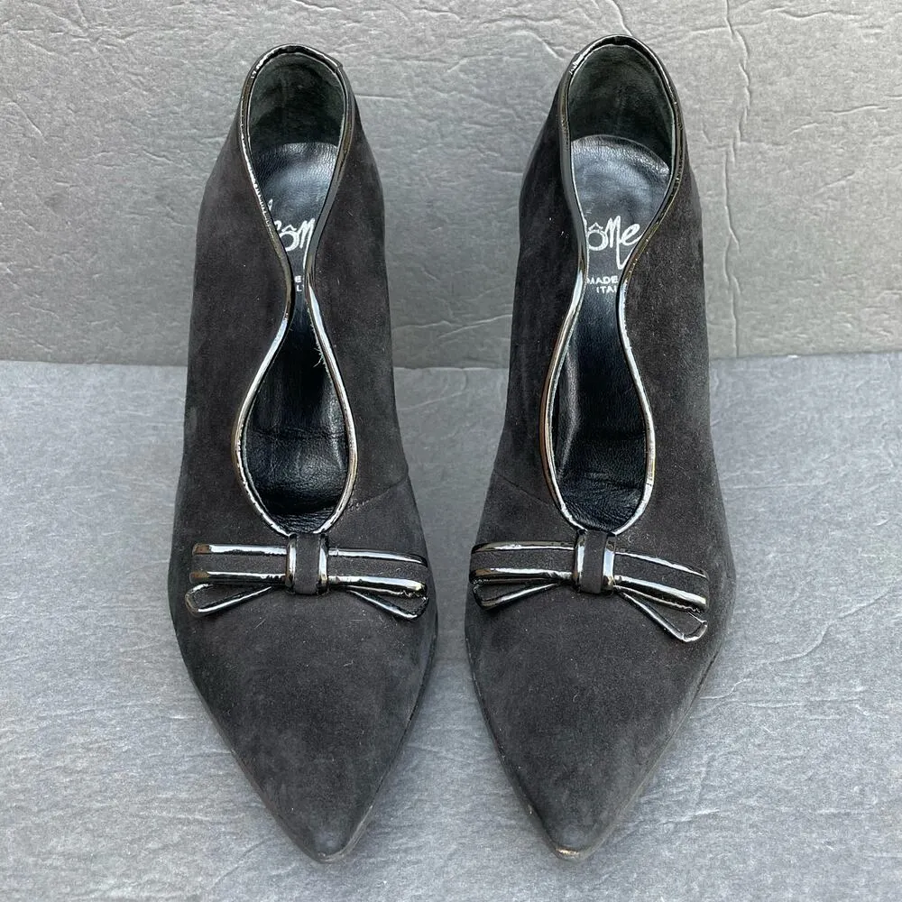 Vintage Icone Black Suede Heels 38.5/US 7.5 Italy Patent Bow 90s - Image 3