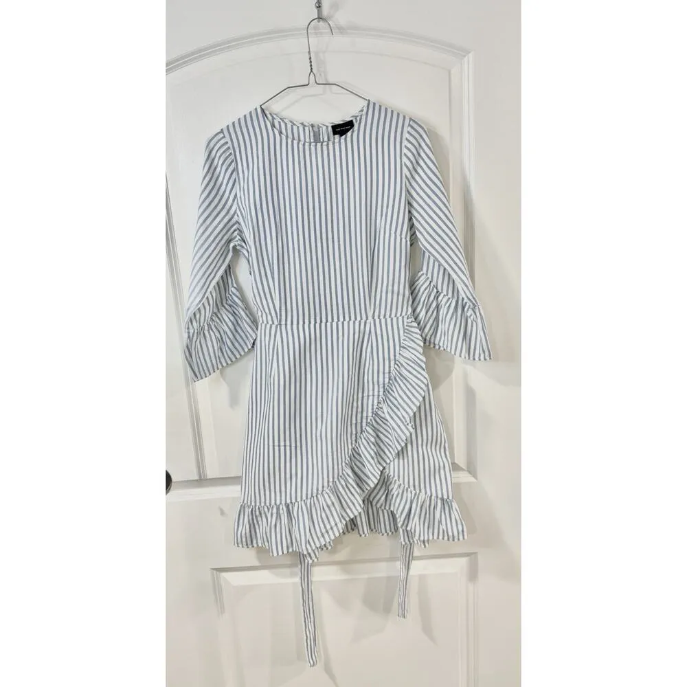 Who What Wear Blue White Stripe Wrap Dress XS Ruffle Hem Casual Summer Style - Image 2